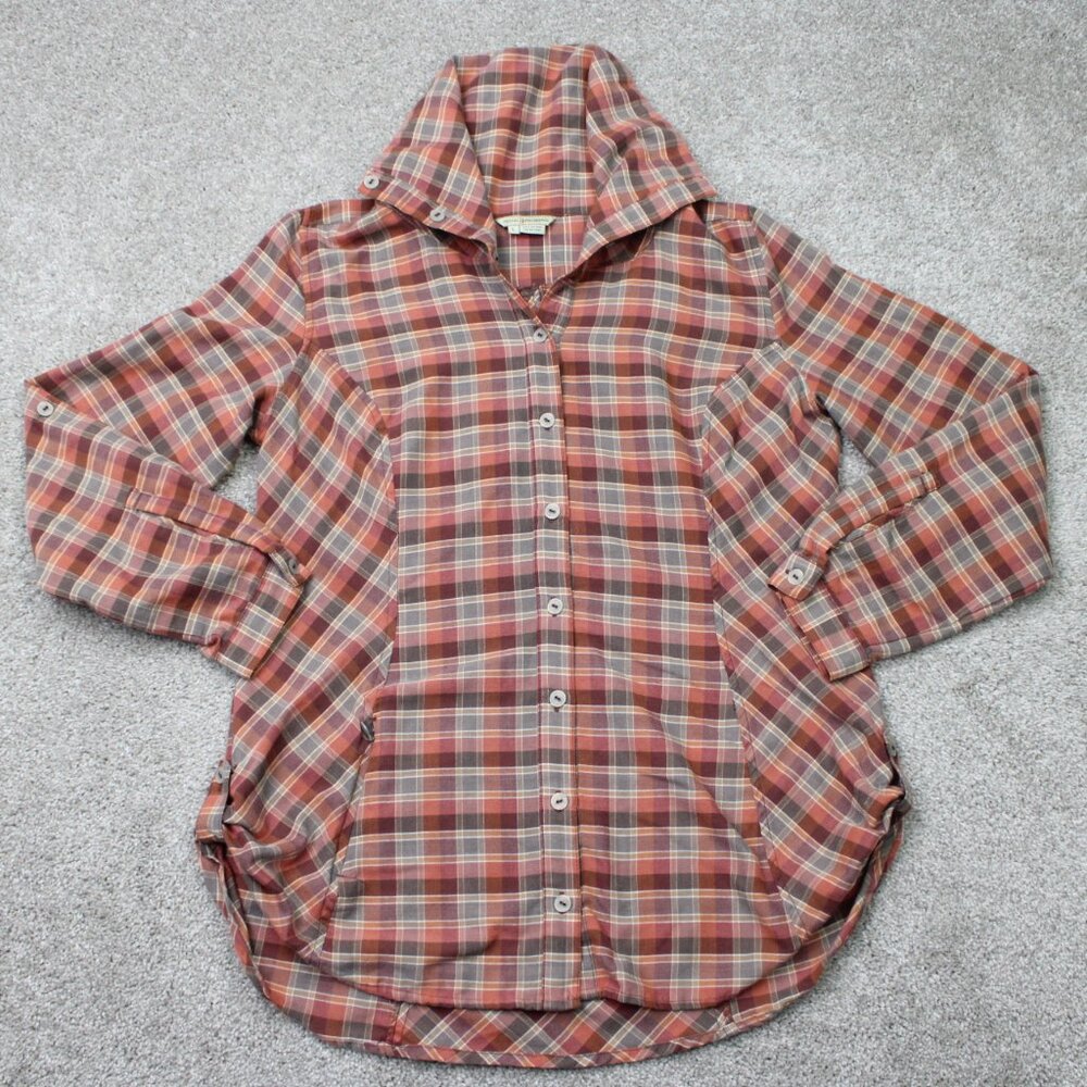Royal Robbins Shirt Women Large Red Plaid Wide Collar Flannel Roll Sleeve Button